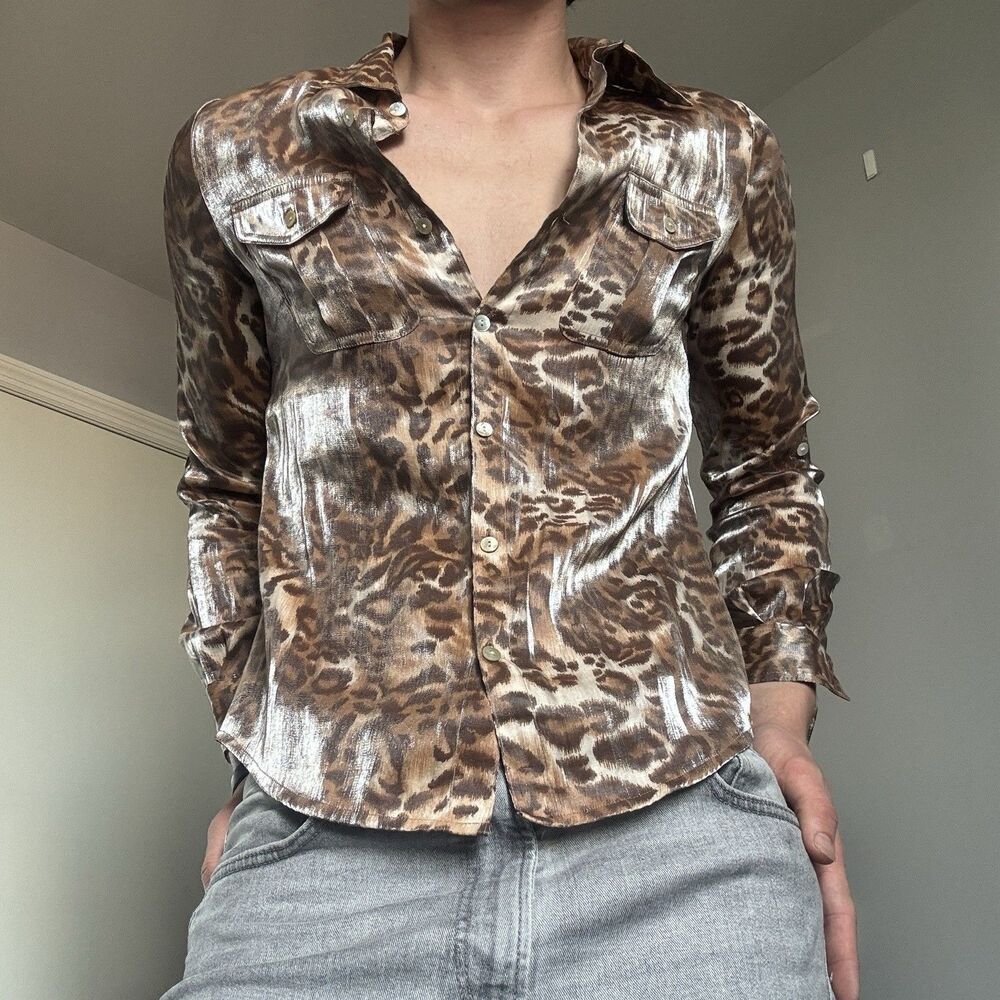 Stunning Vintage Ruby Red Iridescent Leopard Print Button Up Top Sz Medium/8